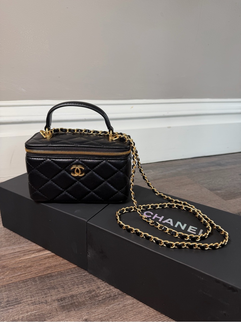 NEW Chanel Black Crossbody Top Handle Vanity Makeup Bag
